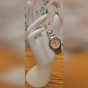 Vintage Y2K Fossil AM4175 Casual Mother Of Pearl & Silver Watch Jewelry w/ Bling